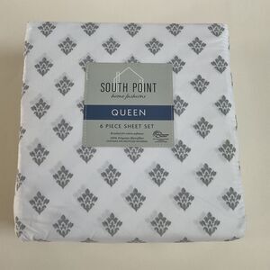 South Point Home Fashions Queen 6 Piece Sheet Set  Madallion White & Gray